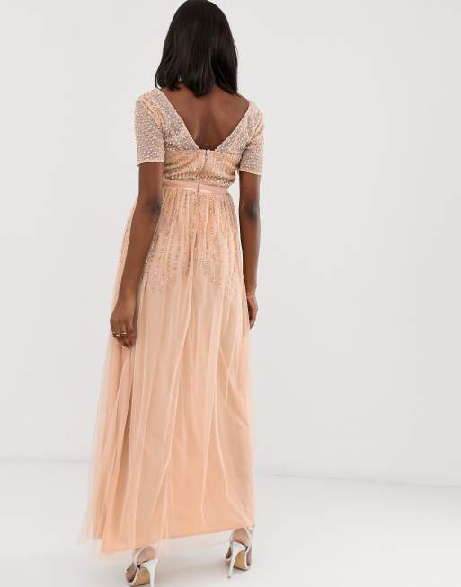 Maya Maternity mesh all over scattered sequin pleated maxi dress in soft peach