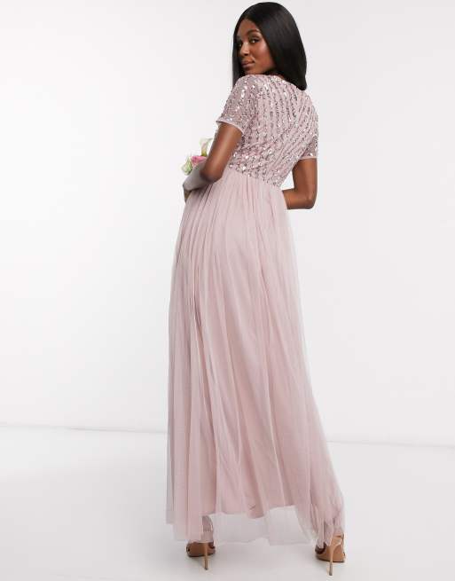 Maya Maternity - Robe longue col V pour demoiselle d'honneur ornée de sequins délicats ton sur ton - Rose, 2 de 4