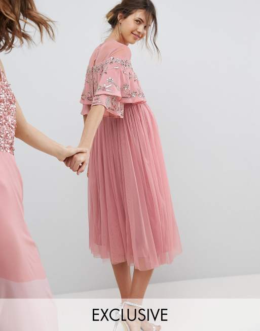 Maya Maternity Sheer Detail Sequin Cape Overlay Detail Midi Dress