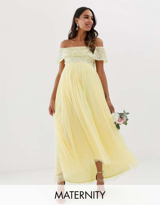Maya Maternity - Vestito da damigella lungo asimmetrico con scollo alla Bardot e paillettes giallo limone