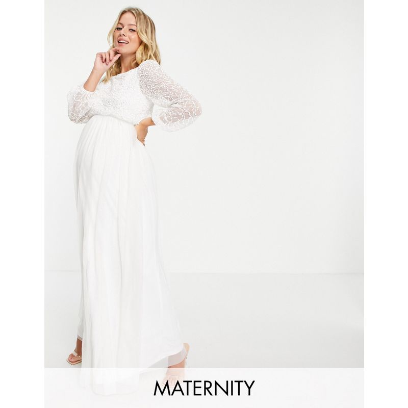 Donna Vestiti da sera Maya Maternity - Vestito lungo bianco a maniche lunghe con parte superiore decorata