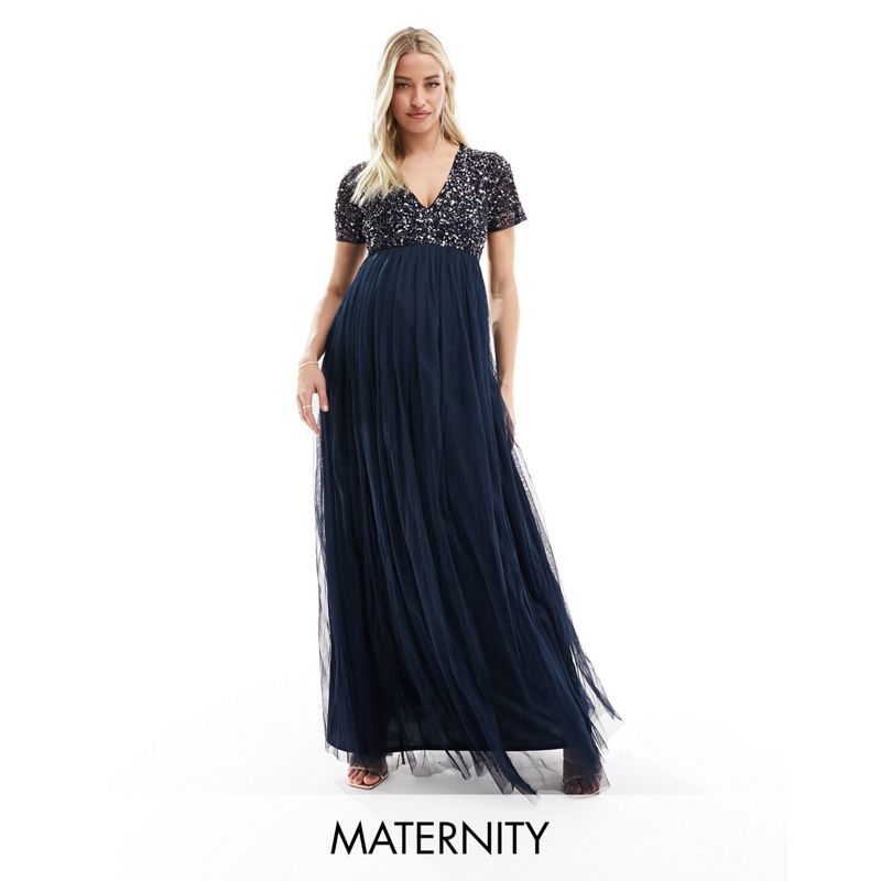  Designer Maya Maternity - Vestito lungo da damigella a maniche corte in tulle blu navy con paillettes delicate tono su tono