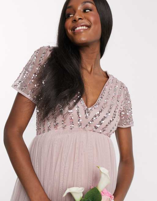 Maya Maternity - Vestito lungo da damigella con scollo a V e delicate paillettes tono su tono rosa, 3 di 4