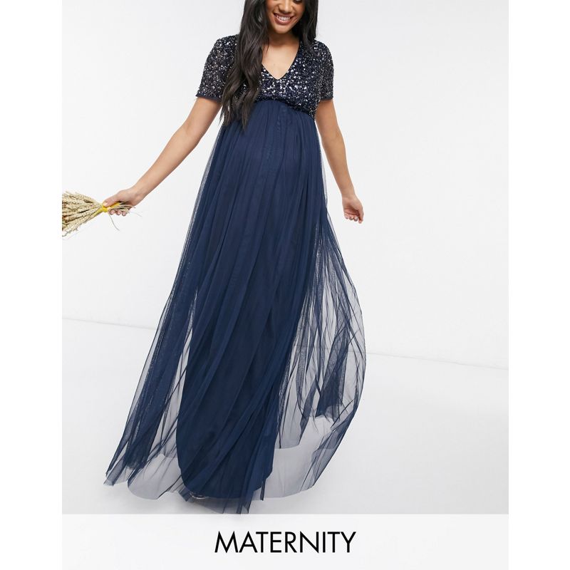 Designer pwvqh Maya Maternity - Vestito lungo da damigella in tulle blu navy con scollo a V e delicate paillettes tono su tono