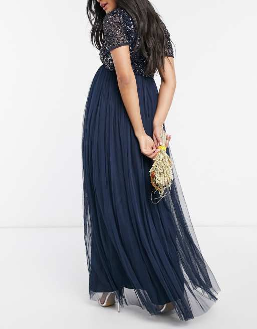 Maya Maternity - Vestito lungo da damigella in tulle blu navy con scollo a V e delicate paillettes tono su tono, 2 di 4