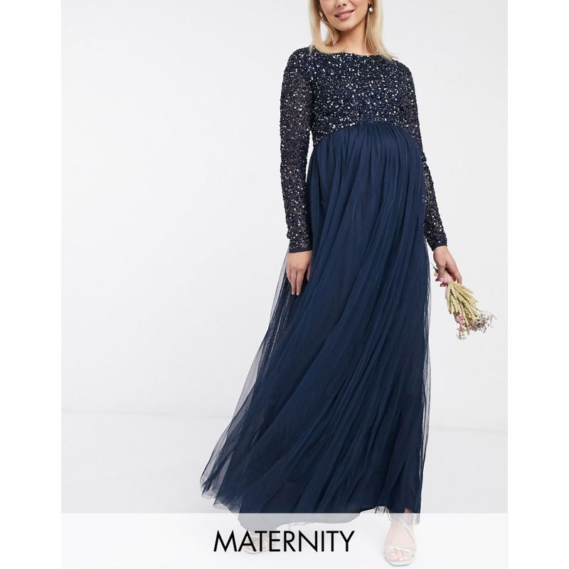 Designer  Maya Maternity - Vestito lungo da damigella in tulle con maniche lunghe e delicate paillettes tono su tono blu navy
