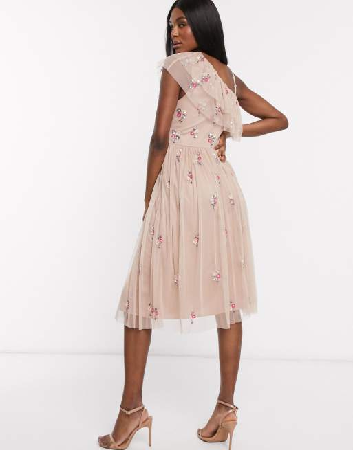 Maya Maternity - Vestito skater midi monospalla decorato a fiori cipria talpa con volant , 2 di 4
