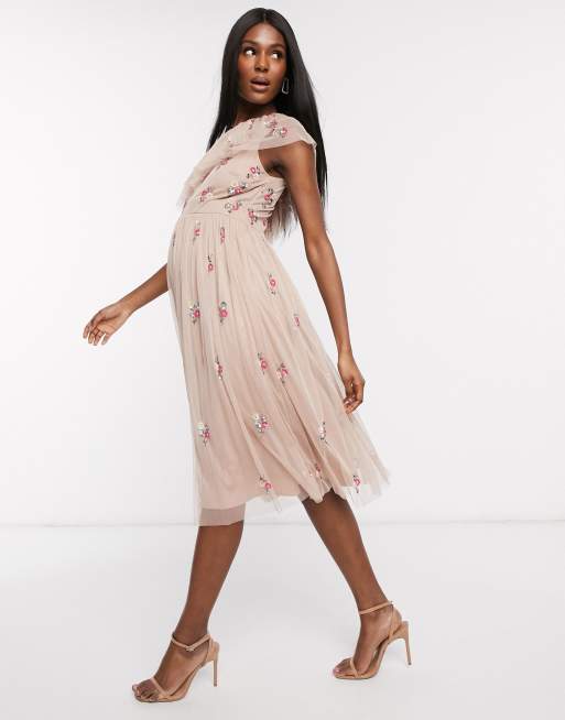 Maya Maternity - Vestito skater midi monospalla decorato a fiori cipria talpa con volant , 3 di 4