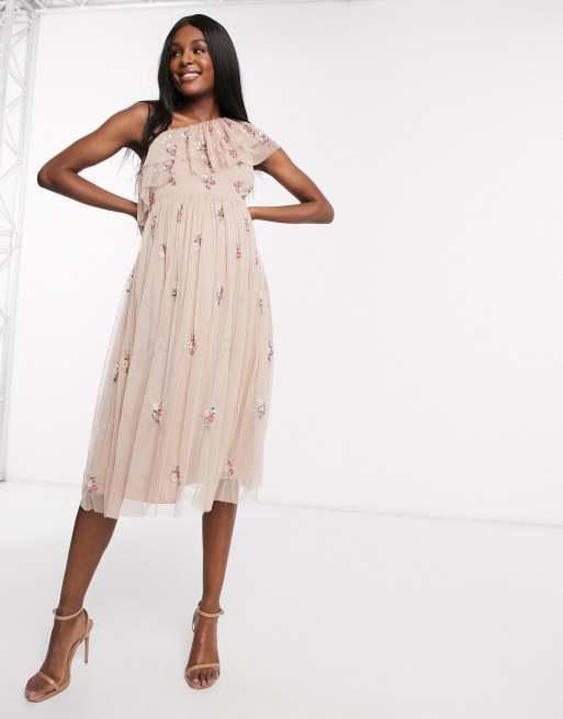 Maya Maternity - Vestito skater midi monospalla decorato a fiori cipria talpa con volant , 4 di 4