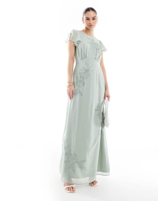 Maya – Maxi-Brautjungfernkleid in Salbeigrün mit Blumenverzierung und Wasserfall-Rückenausschnitt