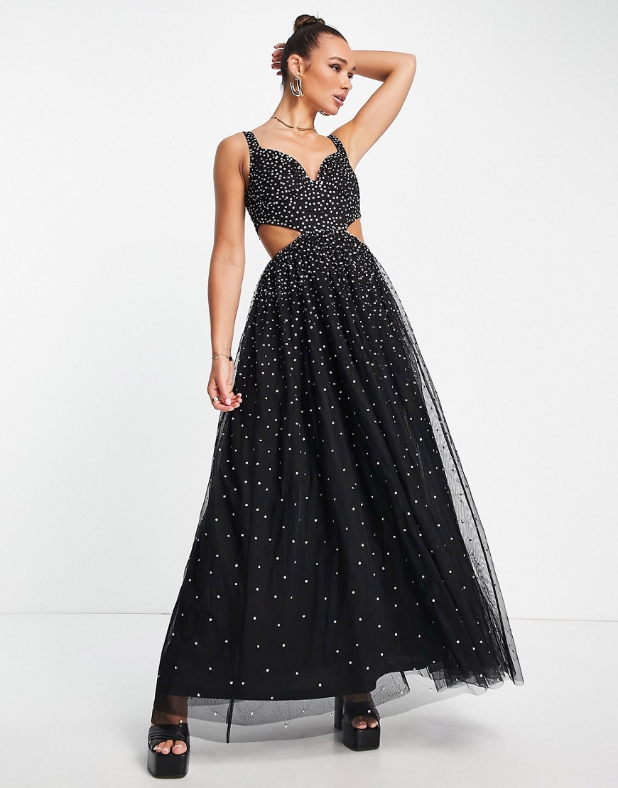 maxi dress with cut outs in black with all over embellishment