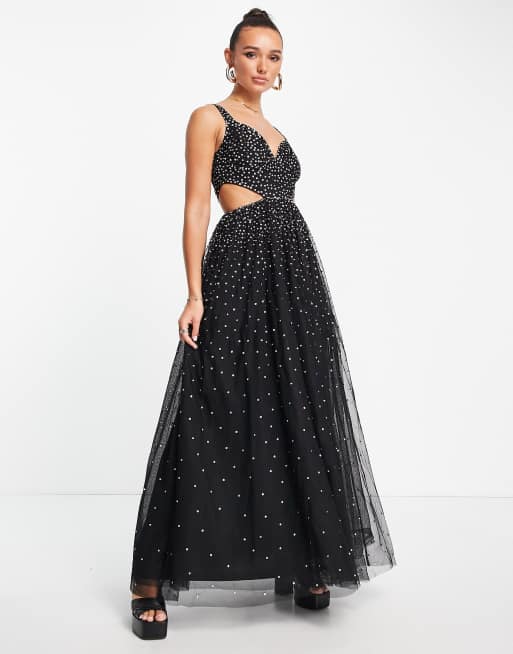 Maya maxi dress with cut outs in black with all over embellishment