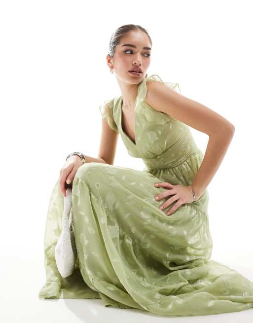 Maya - Maxi-jurk met bloemen, fladdermouwen en V-hals in saliegroen