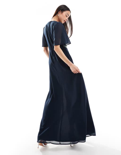 Maya - Maxi-jurk met korte ballonmouwen en bloemversiering in marineblauw, 3 van 4