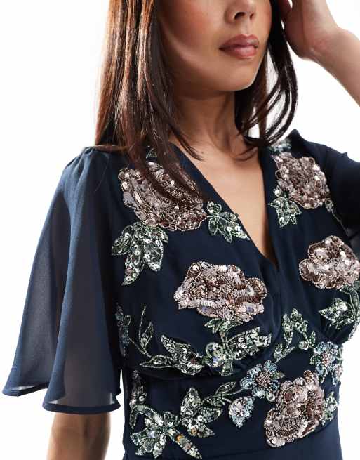 Maya - Maxi-jurk met korte ballonmouwen en bloemversiering in marineblauw, 4 van 4