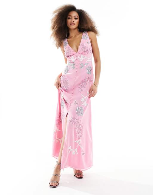 Maya - Maxi jurk met V-hals en versieringen in roze