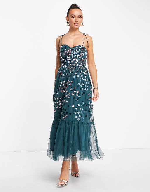 Maya - Maxi-jurk met versiering en strikbandjes in donkergroen, 4 van 4