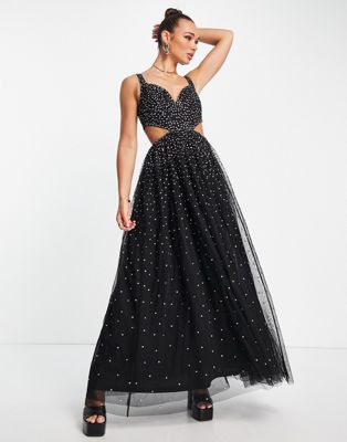 Maya maxi prom dress with cut outs in black with all over embellishment