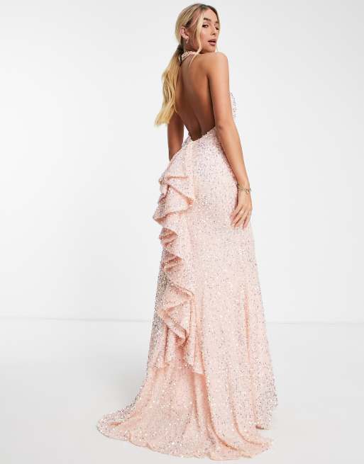 Maya – Maxikleid in Pfirsich mit Paillettenbesatz, Neckholder-Träger und Rüschen hinten