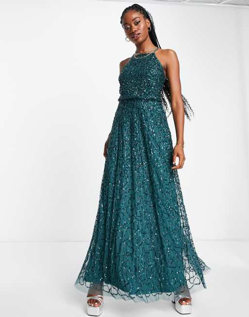 Maya – Maxikleid in Smaragdgrün mit Neckholder und All-over-Paillettenbesatz, 4 von 4