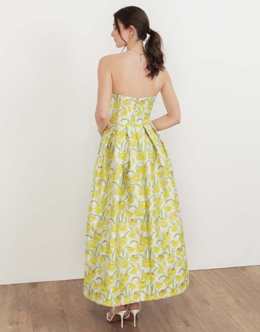 Maya Maya floral jacquard bandeau midaxi dress in yellow, 3 of 4