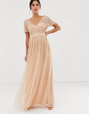 Maya Mesh All Over Scattered Sequin Pleated Maxi Dress In Soft Peach-pink |  ModeSens