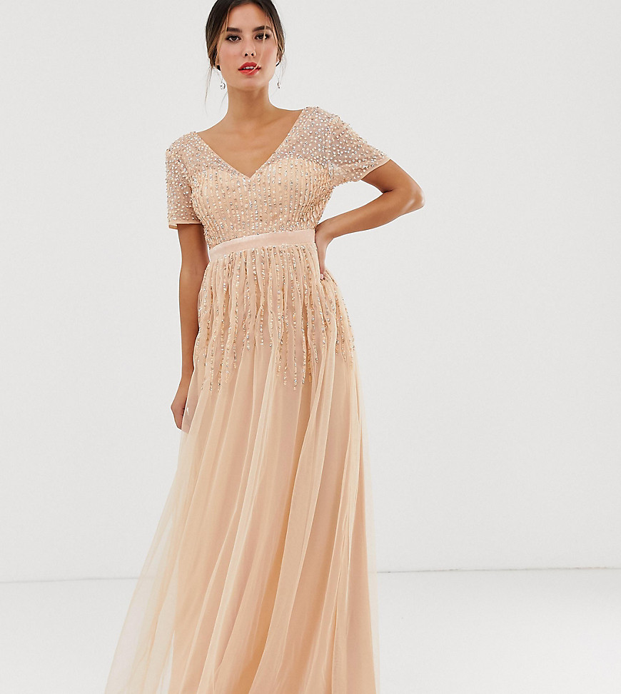 Maya mesh all over scattered sequin pleated maxi dress in soft peach-Pink