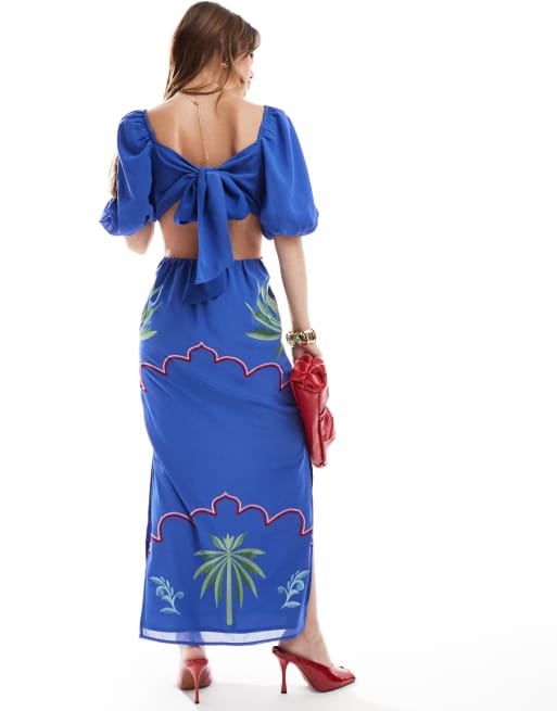 Maya - Midaxi-jurk met borduursels in blauw, 3 van 4