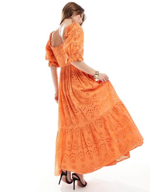 Maya - Midaxi jurk van broderie met uitsnijding in de taille in oranje, 4 van 4