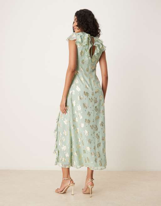 Maya - Midi jurk met bloemenprint en ruches in mintgroen, 2 van 4
