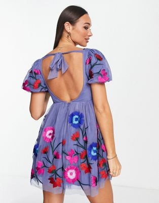 Maya mini dress with tie back detail in embroidered floral