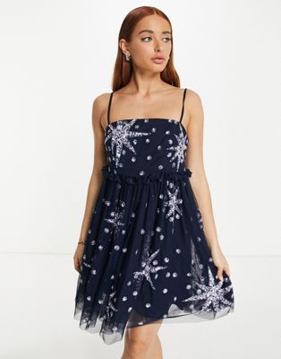 Maya mini prom dress with oversized star embellishment in navy