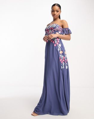 Maya off shoulder maxi dress with embroidery in blue - ASOS Price Checker