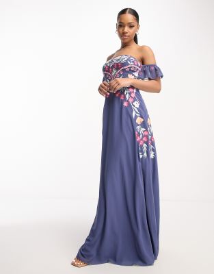 Maya Off Shoulder Maxi Dress With Embroidery In Blue-navy