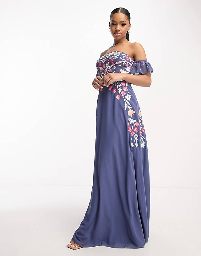 Maya off shoulder maxi dress with embroidery in blue
