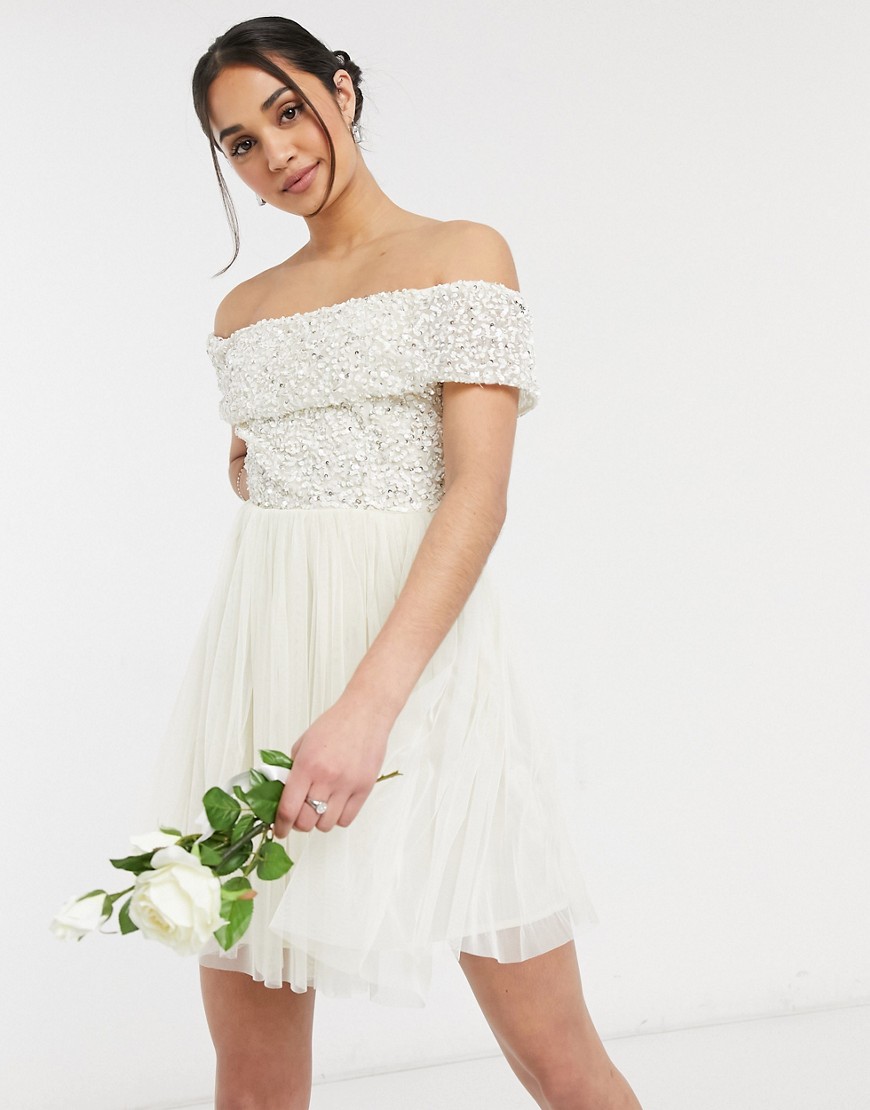 Maya off shoulder mini tulle dress with tonal delicate sequin in ecru-White