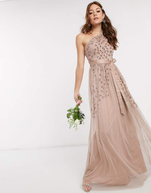 Maya one shoulder embellished maxi dress in taupe blush