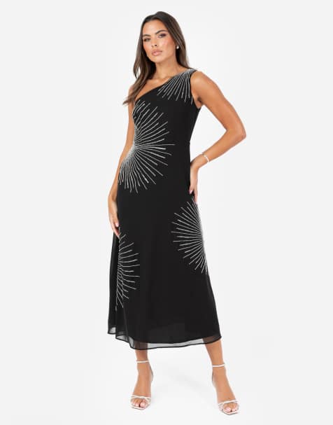 Maya One shoulder embellished midaxi dress in black