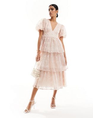 organza midi dress with puff sleeves in pink