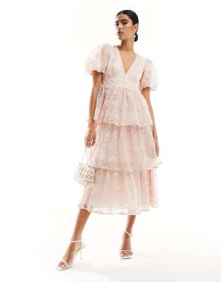 Maya Organza Midi Dress With Puff Sleeves In Pink