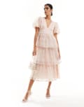 [Maya] Maya organza midi dress with puff sleeves in pink 16 PINK