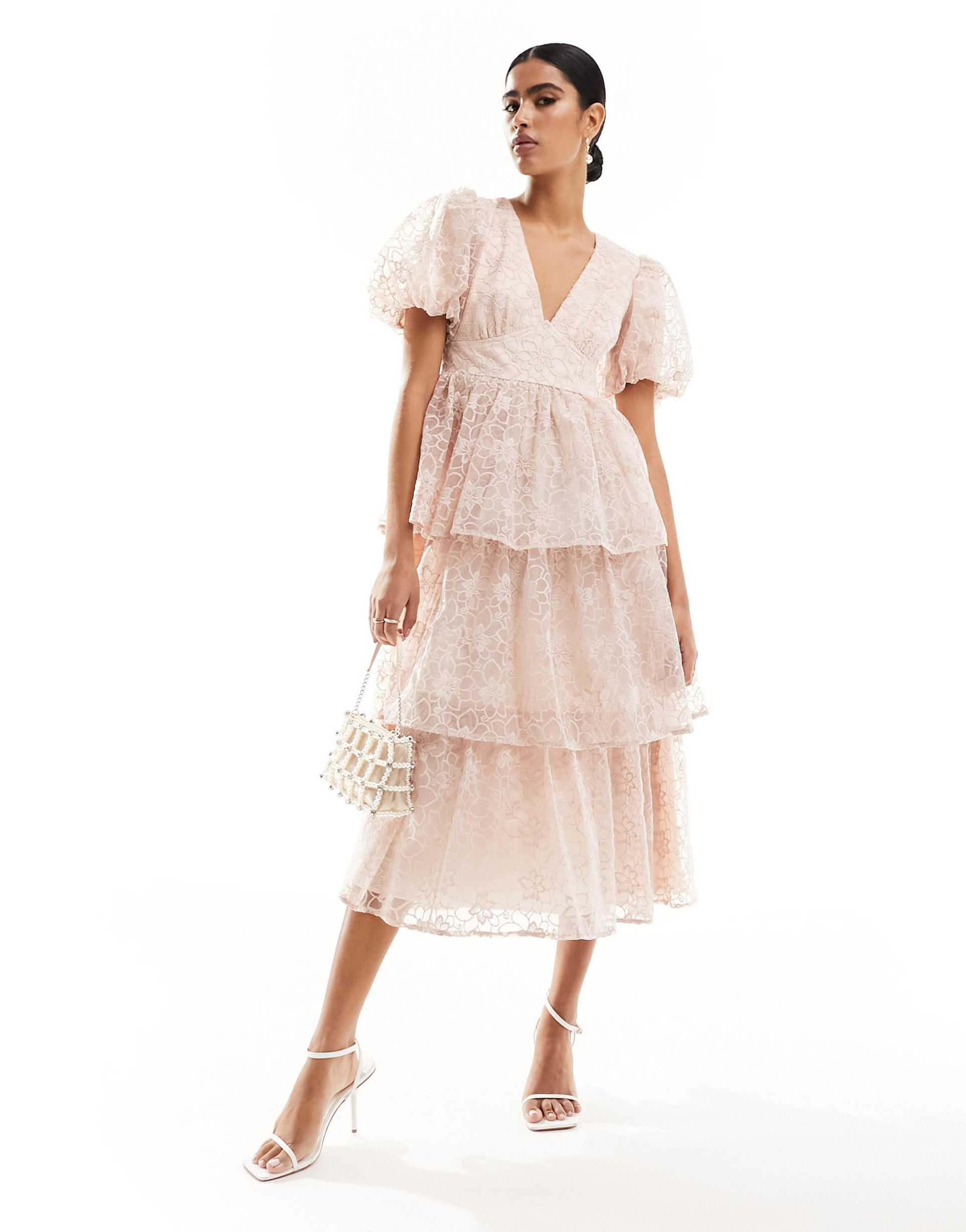 maya organza midi dress with puff sleeves in pink