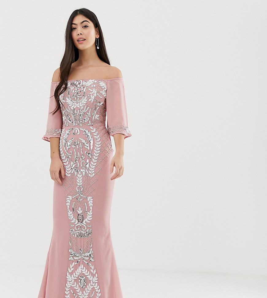 Maya Petite all over embellished bardot maxi dress with fluted sleeves in vintage rose-Pink