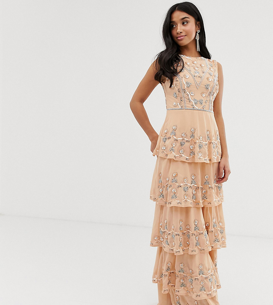 Maya Petite all over embellished tiered maxi dress in soft peach-Pink