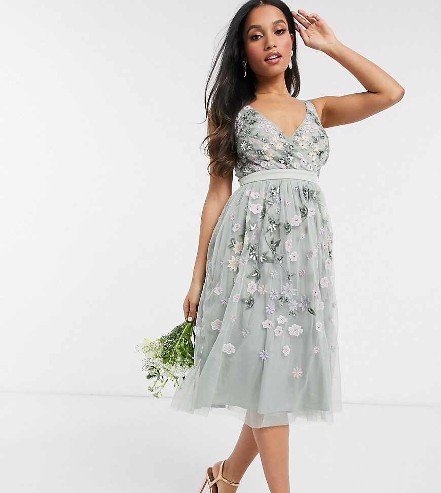 Maya Petite all over floral embellished midi dress in sage green