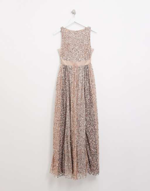 Maya allover contrast tonal delicate sequin dress with satin waist 2025 in taupe blush