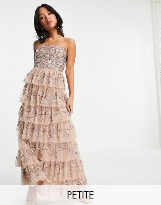 Maya Petite bandeau all over embellished tiered maxi dress in taupe blush