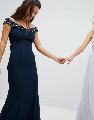 maya tall bardot sequin detail maxi dress with bow back detail