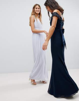 maya tall bardot sequin detail maxi dress with bow back detail