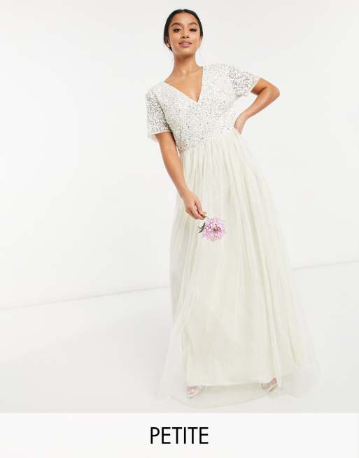 Maya Petite Bridal v neck maxi tulle dress with tonal delicate sequin in ecru ASOS